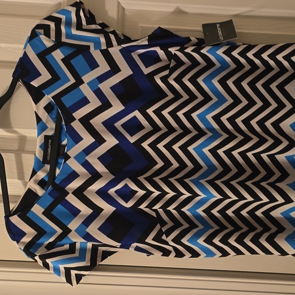 LIZ CLAIBORNE WOMENS BLUE & WHITE SYMMETRICAL SMALL CAP SLEEVES DRESS SIZE LARGE - Picture 2 of 14